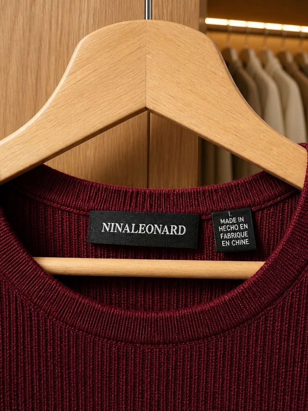 Nina Leonard Long Sleeve Ribbed Midi Sweater Dress in Burgundy - Picture 3 of 3